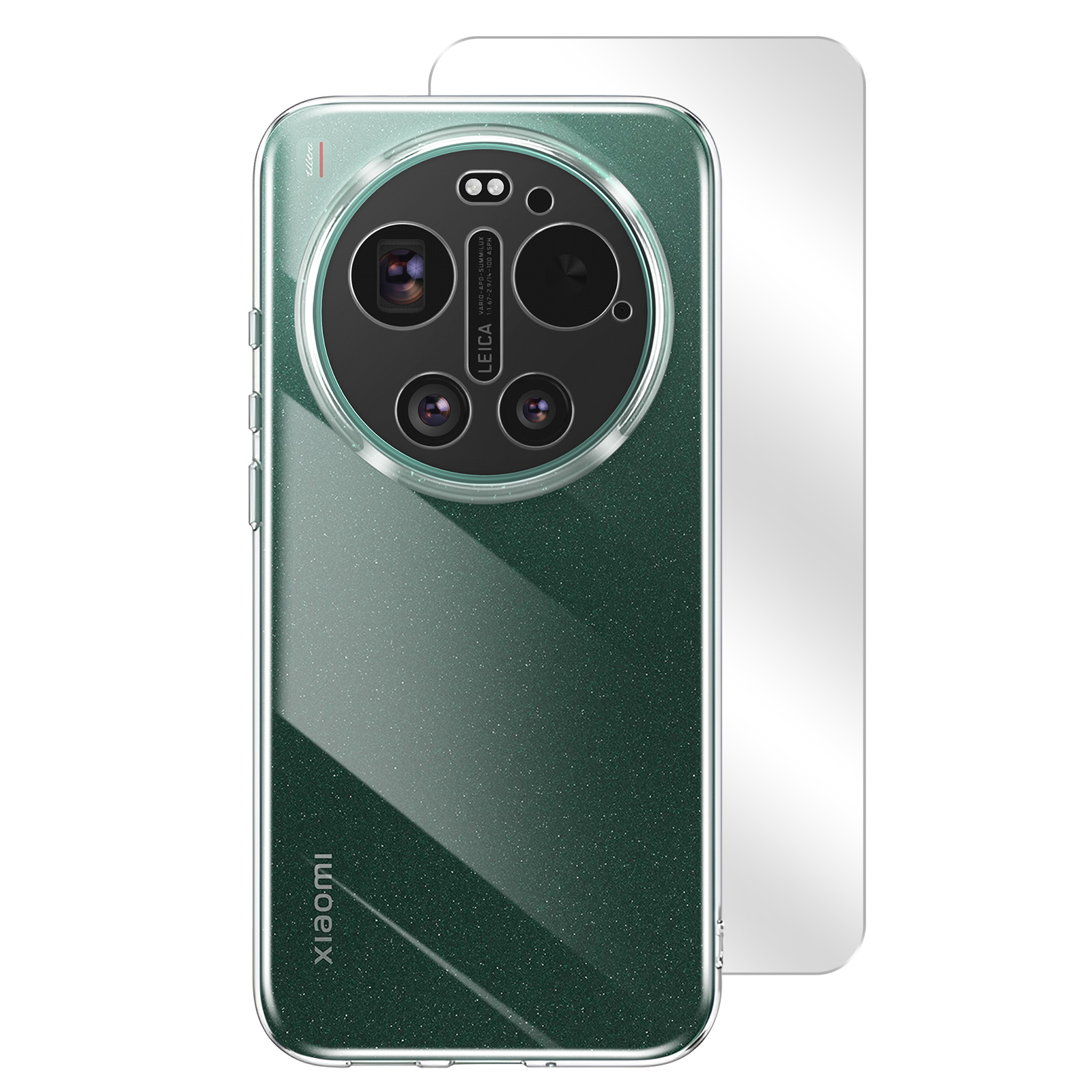 Grüne Handyhülle mit Glitzer, Leica Kamera, Xiaomi-Logo.