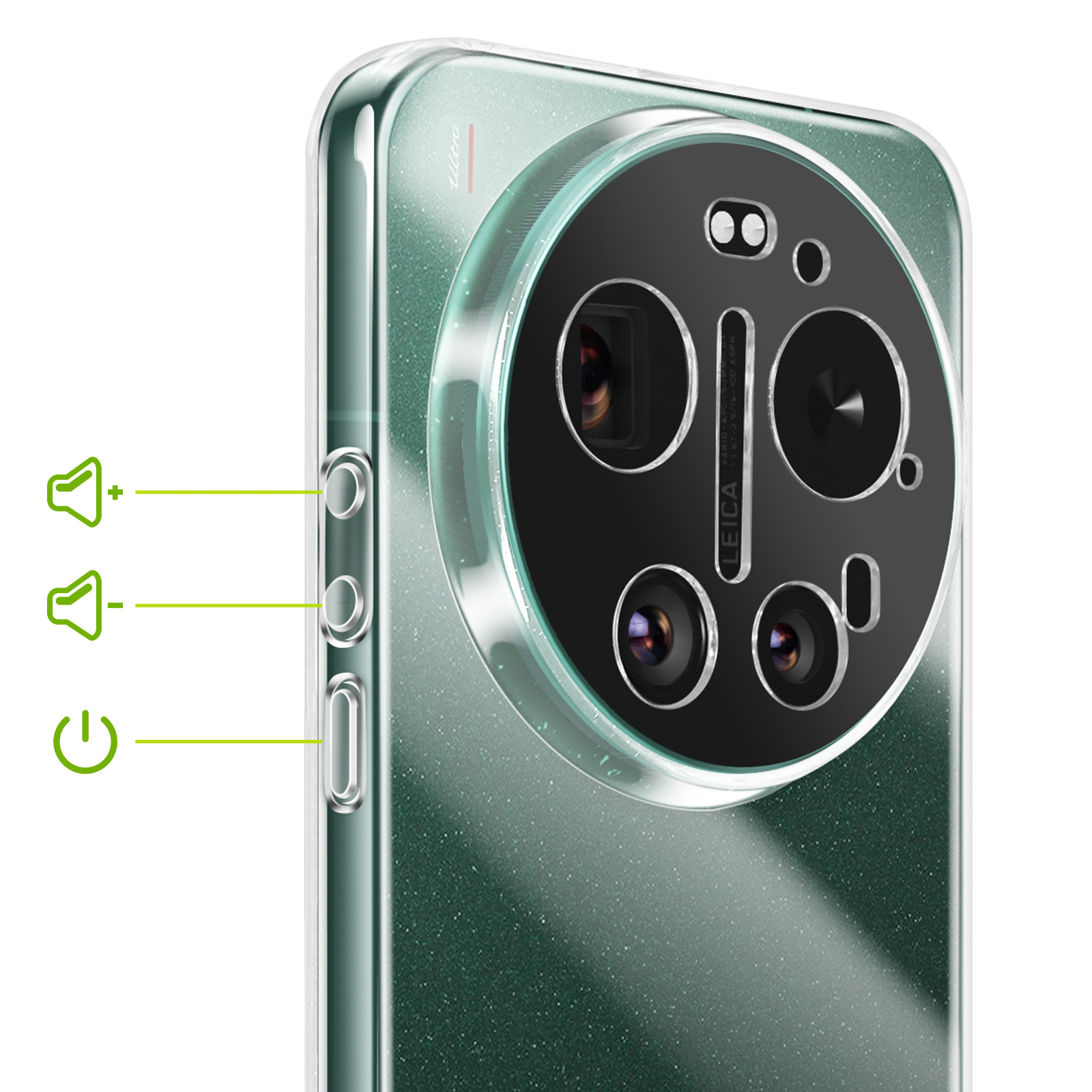 Transparente Hülle mit grünen Akzenten zeigt eine Handy-Rückseite mit Kamera und Tasten.