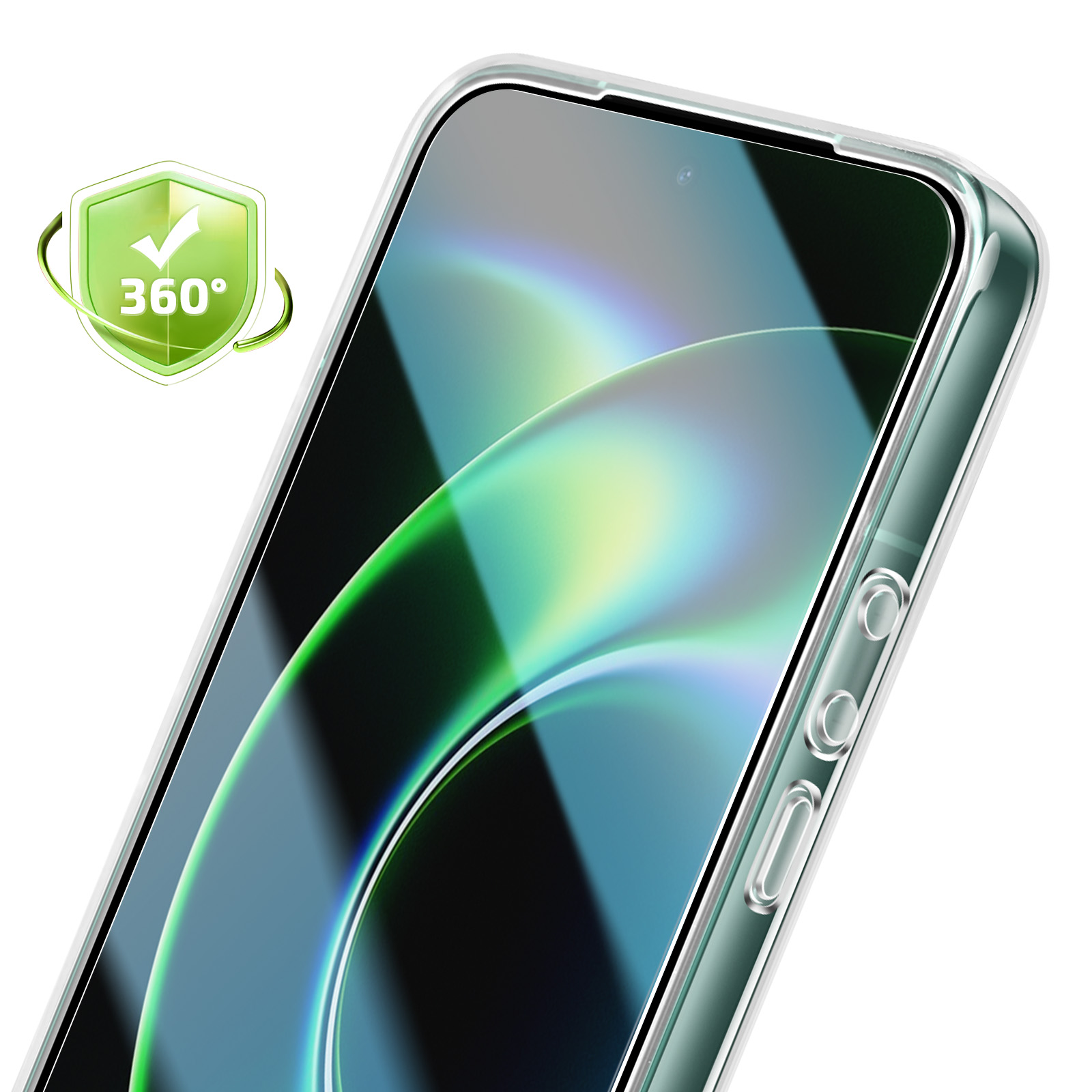 Transparente Handyhülle mit 360-Grad-Schutz-Siegel und Reflexionen auf dem Bildschirm.
