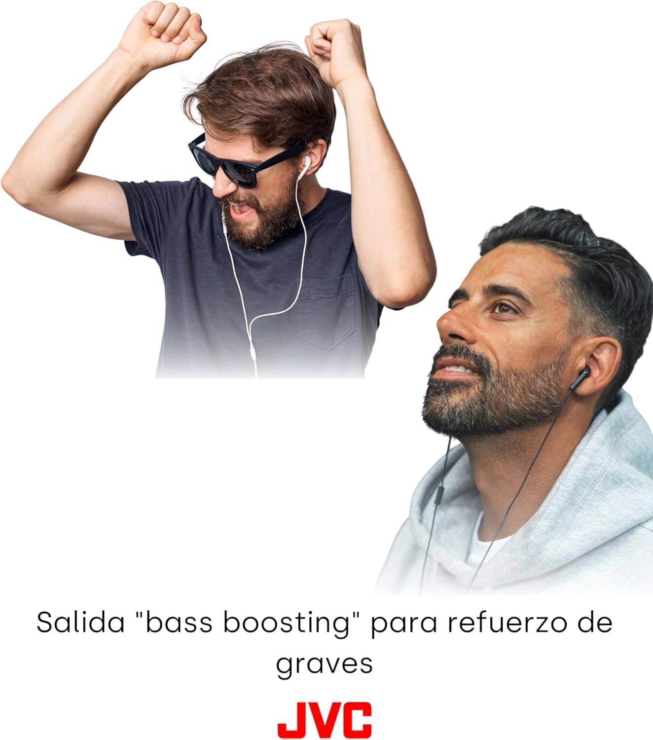 Dos hombres con auriculares, uno con gafas de sol, ambos disfrutando de música.
