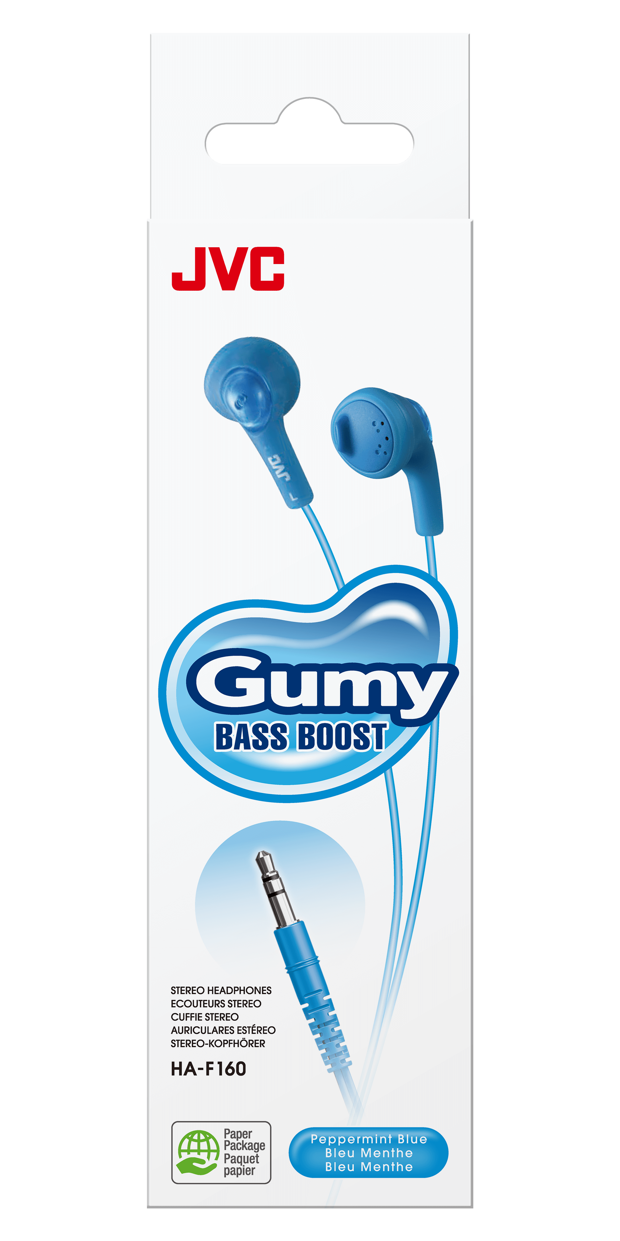 Embalaje de auriculares JVC Gumy Bass Boost azules.