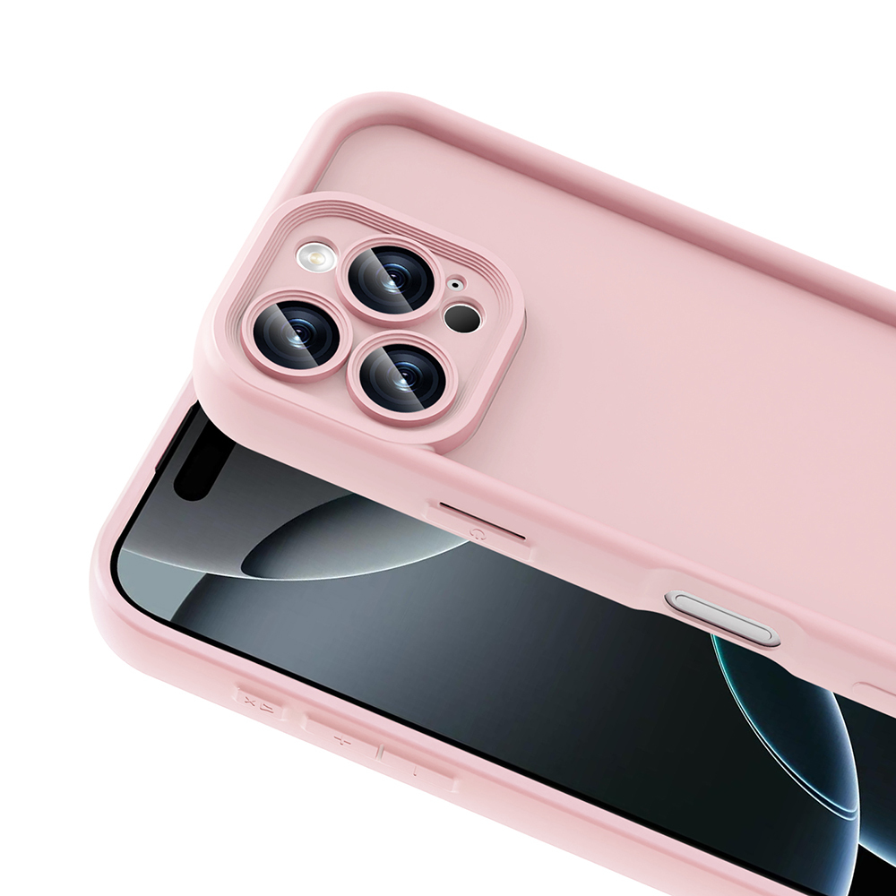 Üç kamera lensli ve flaşlı pembe telefon kılıfı. Minimalist tasarım.