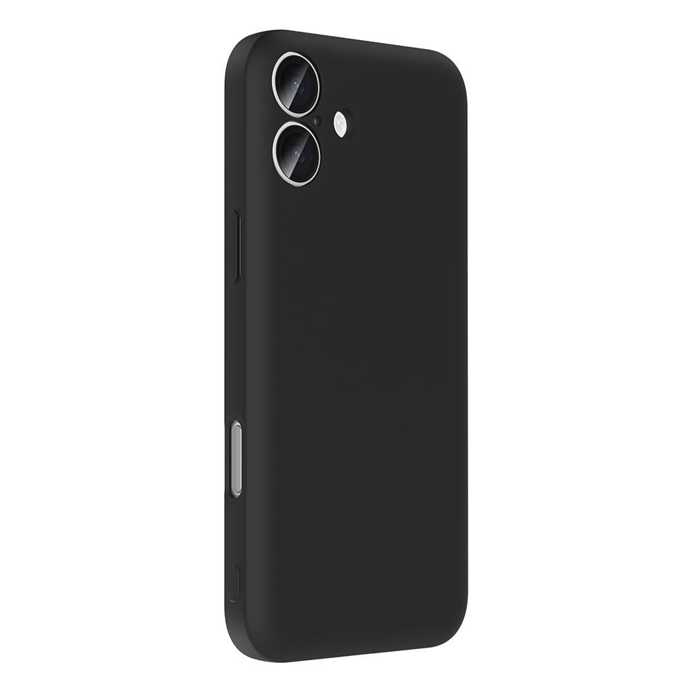 Beyaz arka plan üzerinde iki kamera lensi ve flaşı olan siyah telefon kılıfı.