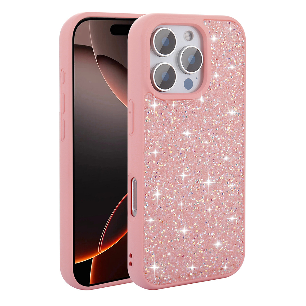 Arkada simli ve üç kamera lensli pembe iPhone kılıfı.