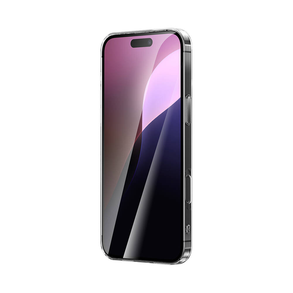 Koyu ekranlı bir akıllı telefonu sergileyen şeffaf telefon kılıfı.