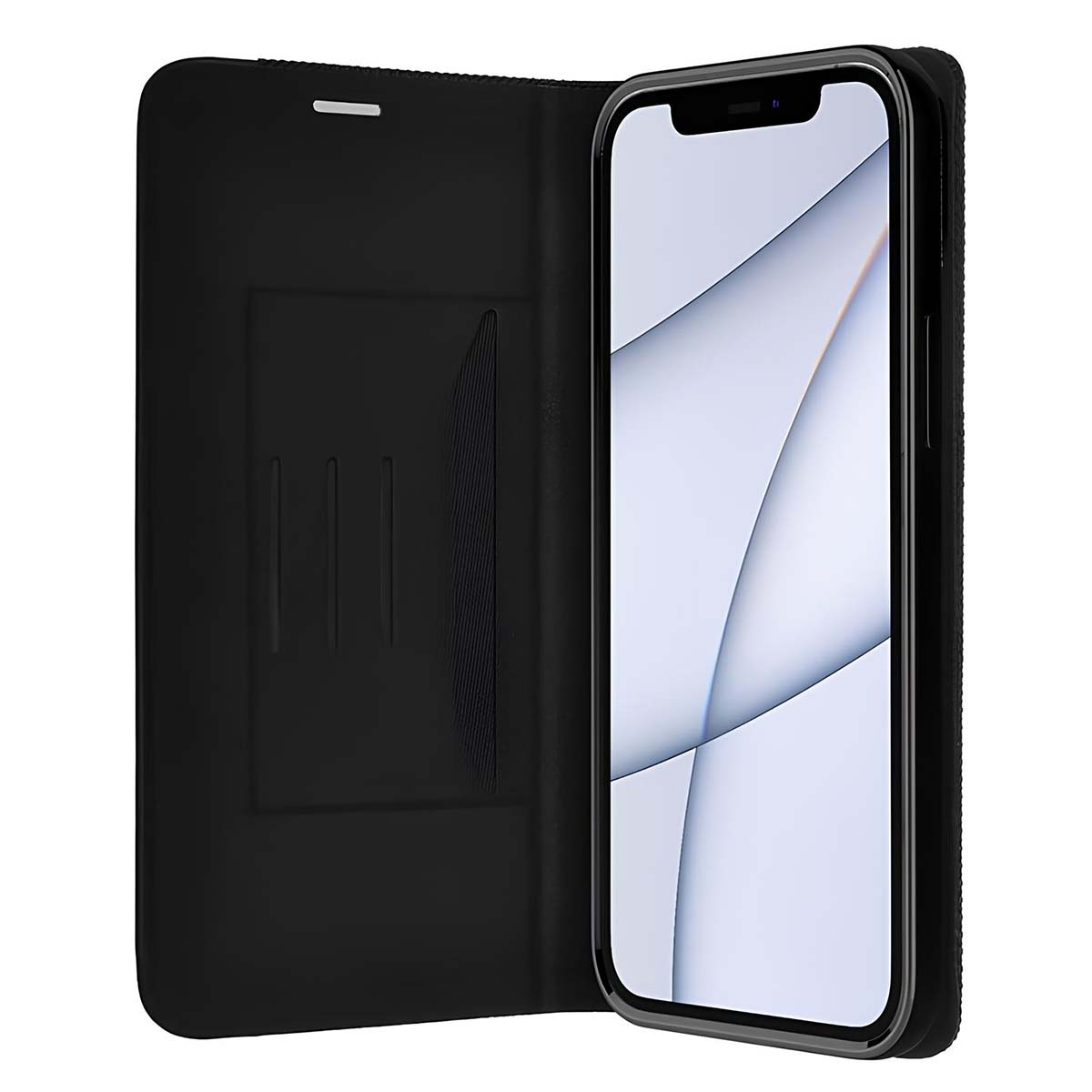 Ein schwarzes Klapphandyhülle mit einem Smartphone, das eine weiße Hülle zeigt.