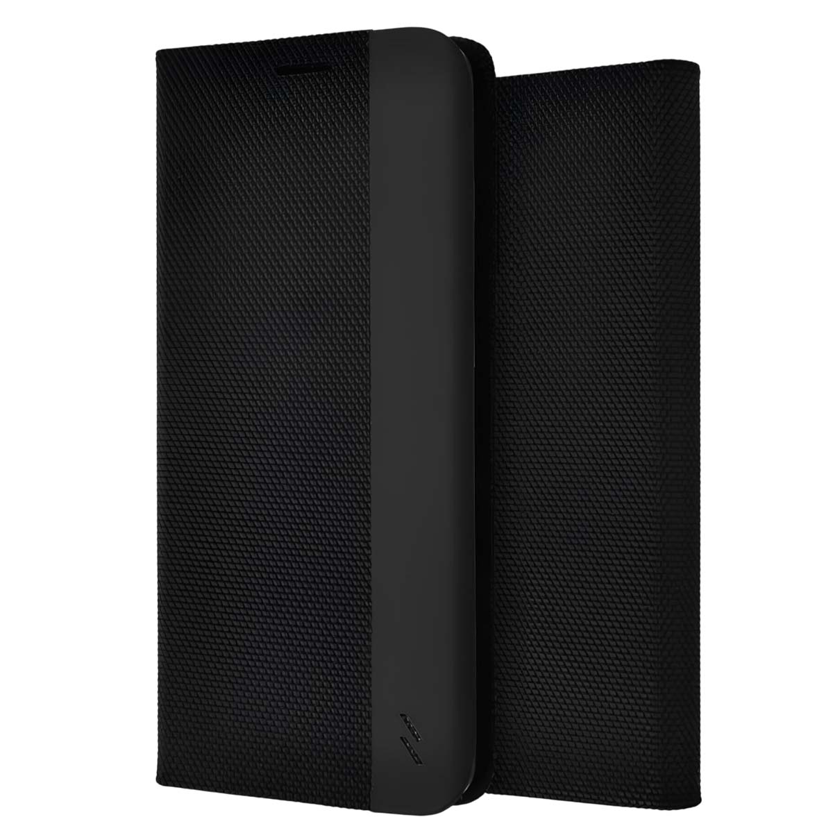 Schwarze Handyhülle in Buchform mit texturierten Oberflächen und einem dunklen Streifen.