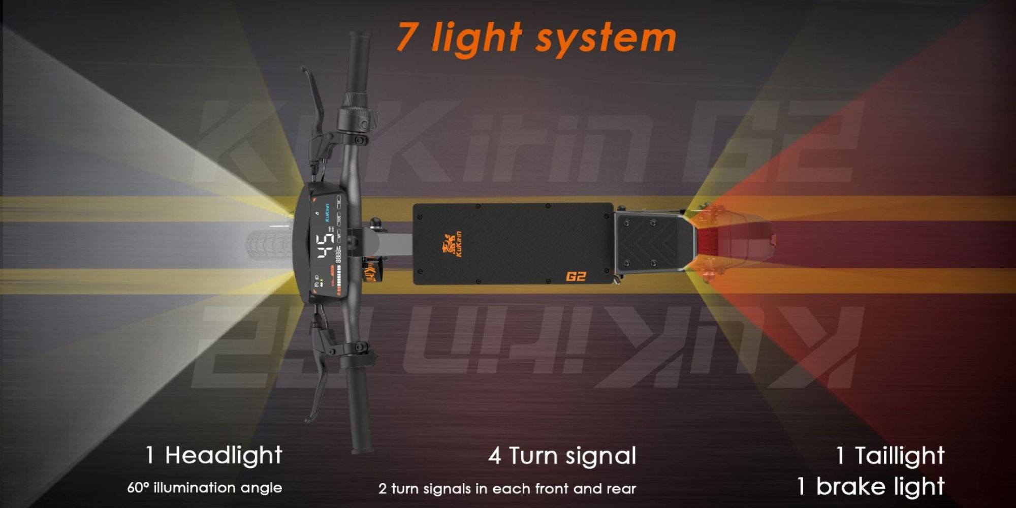 Monopattino elettrico con sistema a 7 luci: 1 faro, 4 frecce, 1 fanale posteriore/freno.