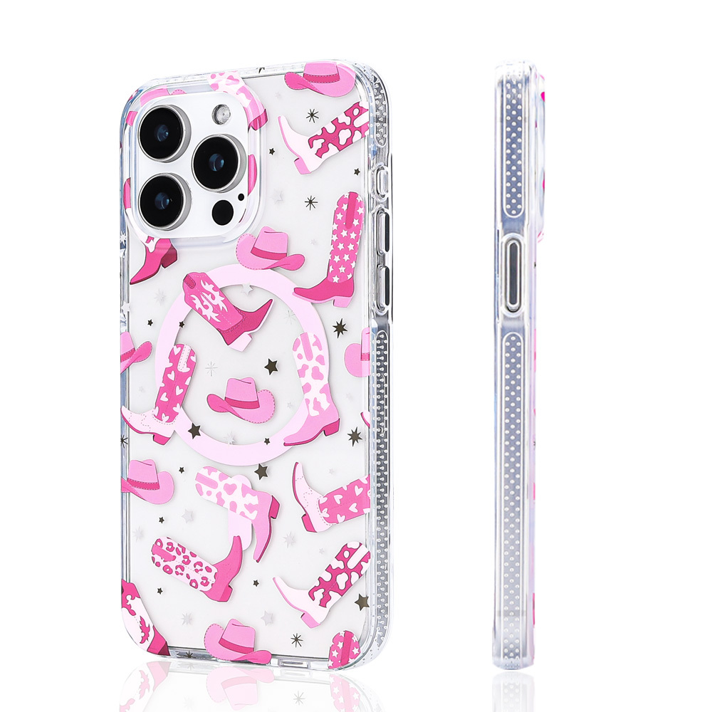 Pembe kovboy çizmeleri ve şapkalı şeffaf telefon kılıfı.