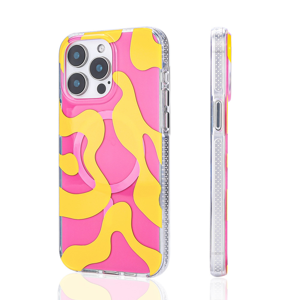 Pembe ve sarı soyut dalgalı desenli şeffaf telefon kılıfı.