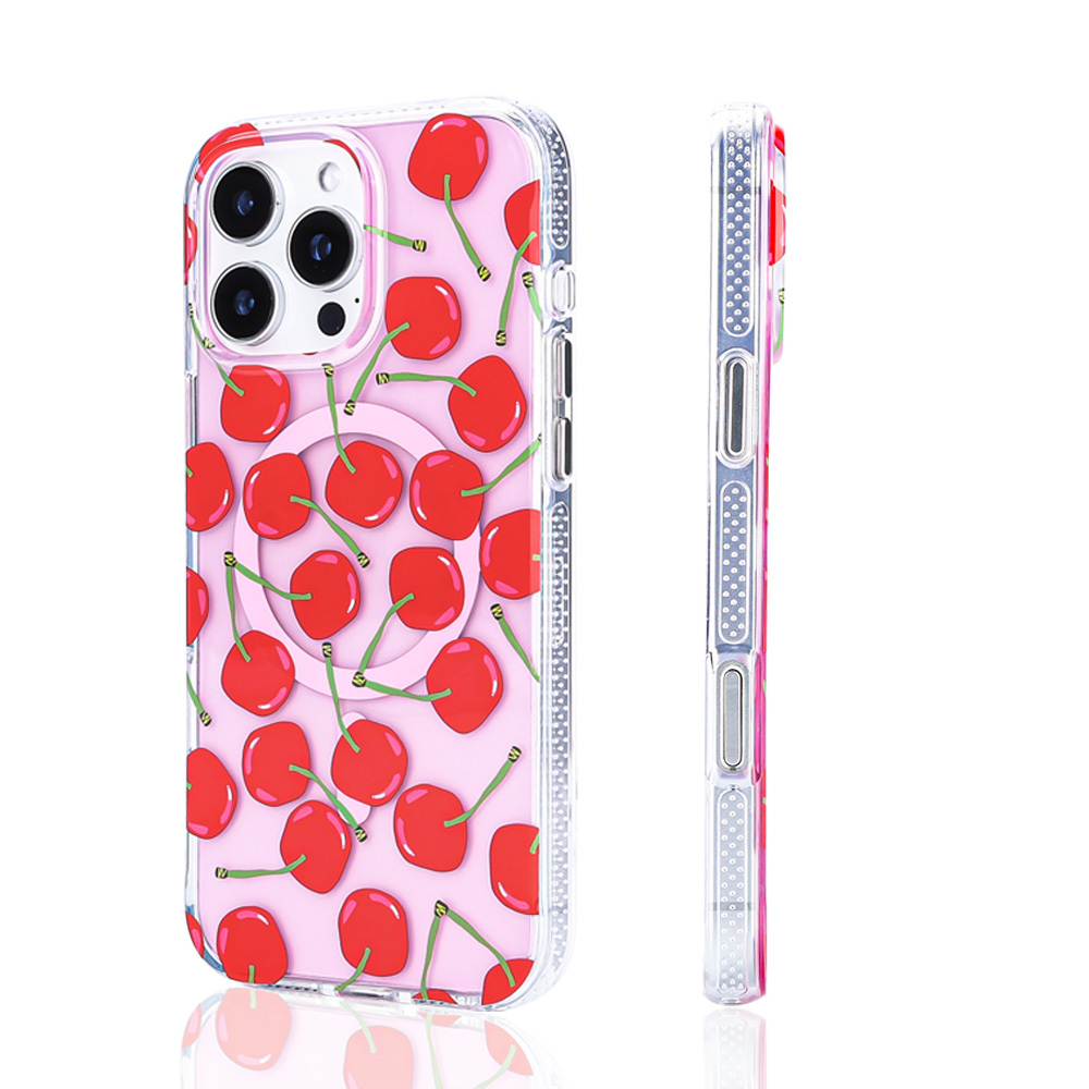 Pembe arka planlı, kırmızı kiraz desenli şeffaf telefon kılıfı.