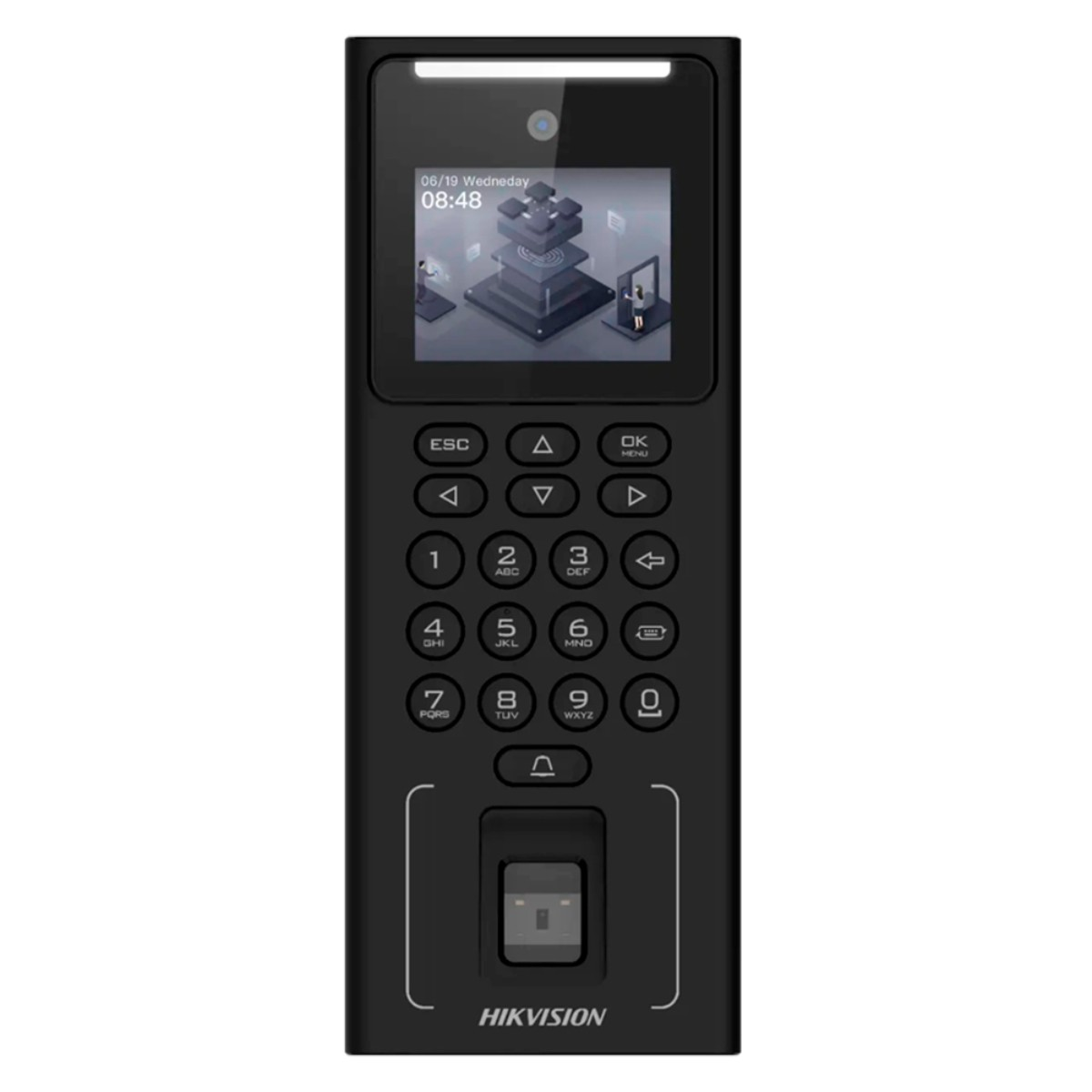 Terminal biométrico negro con pantalla, teclado y lector de huellas dactilares.