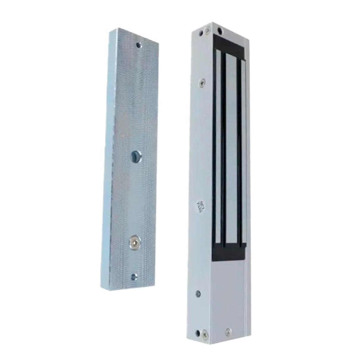 Cerradura electromagnética plateada con dos partes, una con tornillos y otra con tiras magnéticas.