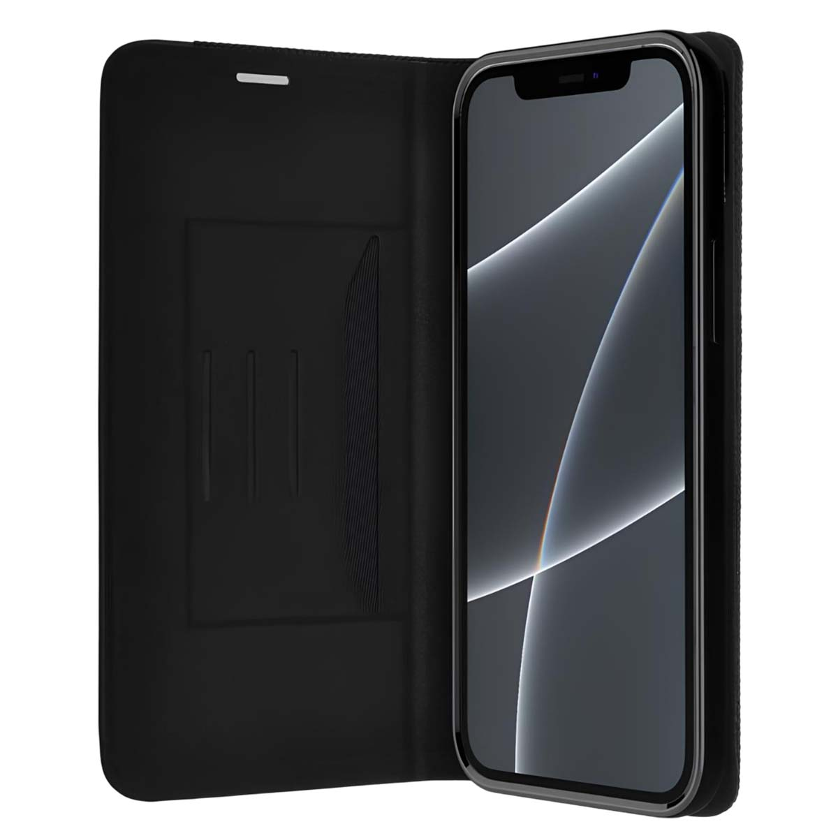 Schwarzes Handy-Flipcase mit Handy im Inneren auf weißem Hintergrund.