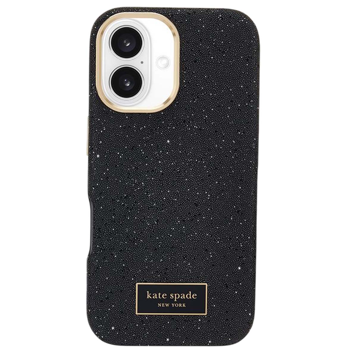 Schwarze Handyhülle mit Glitzer und goldfarbenem Kate Spade-Logo.