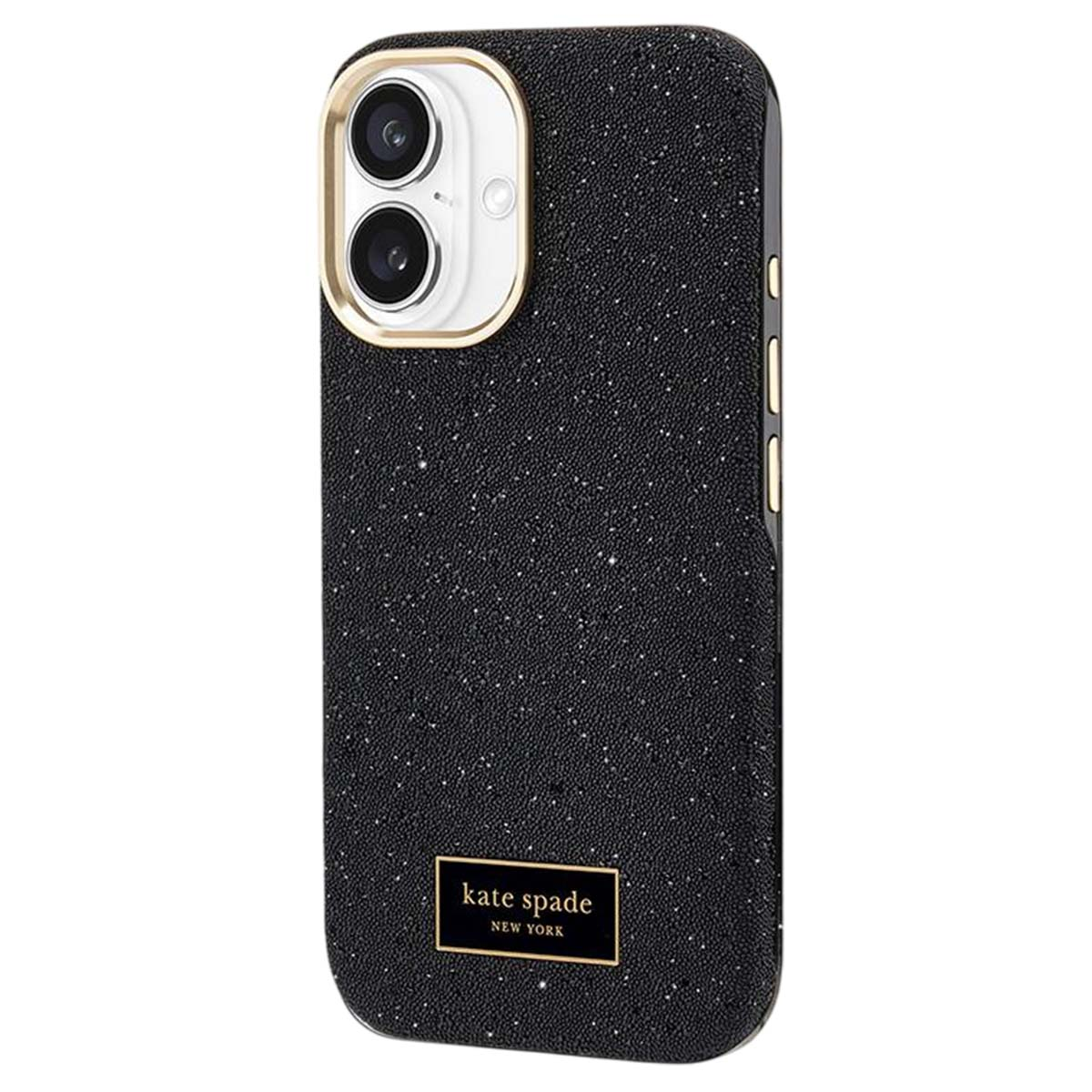 Schwarze Handyhülle mit Glitzer und Kameraöffnung, Kate Spade-Logo.