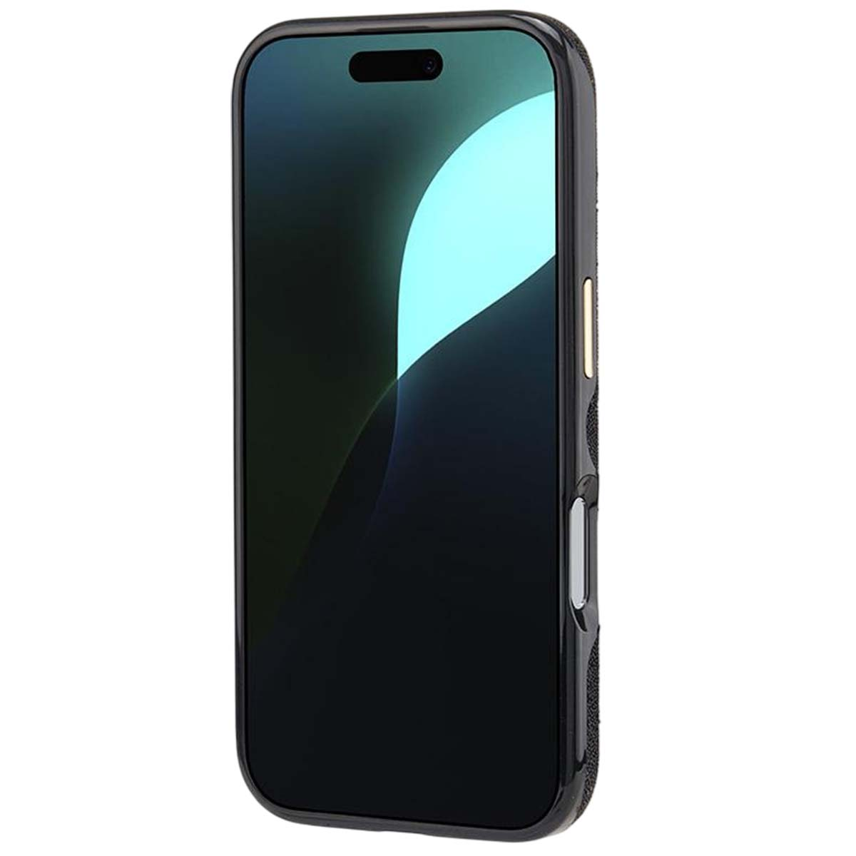 Schwarzes Smartphone mit dunklem Bildschirm und einem hellblauen Lichtstreifen.