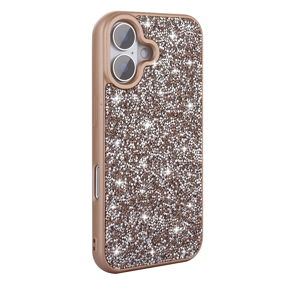 Simli taşlar ve iki kamera lensi olan pembe altın rengi telefon kılıfı.