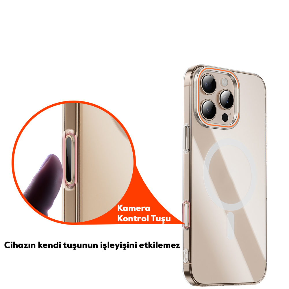 Yan düğmenin işlevselliği etkilemediğini vurgulayan şeffaf telefon kılıfı.