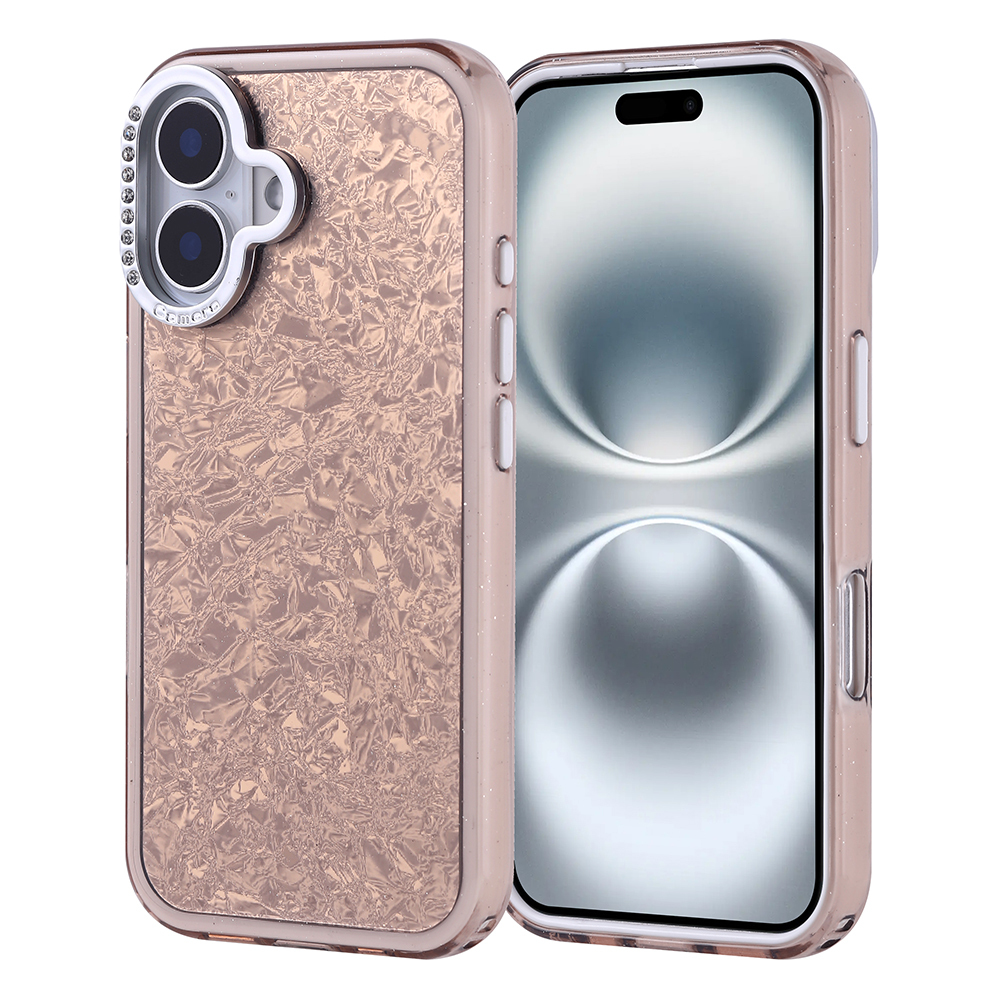 Doku kaplamalı ve kamera detaylı rose gold telefon kılıfı. Telefon ekranı görünür.