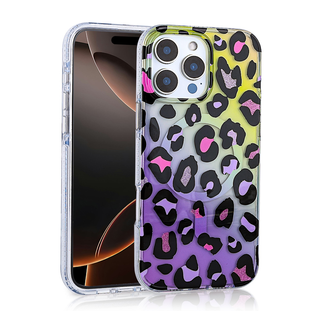 Simli mor, sarı ve yeşil leopar desenli telefon kılıfı.