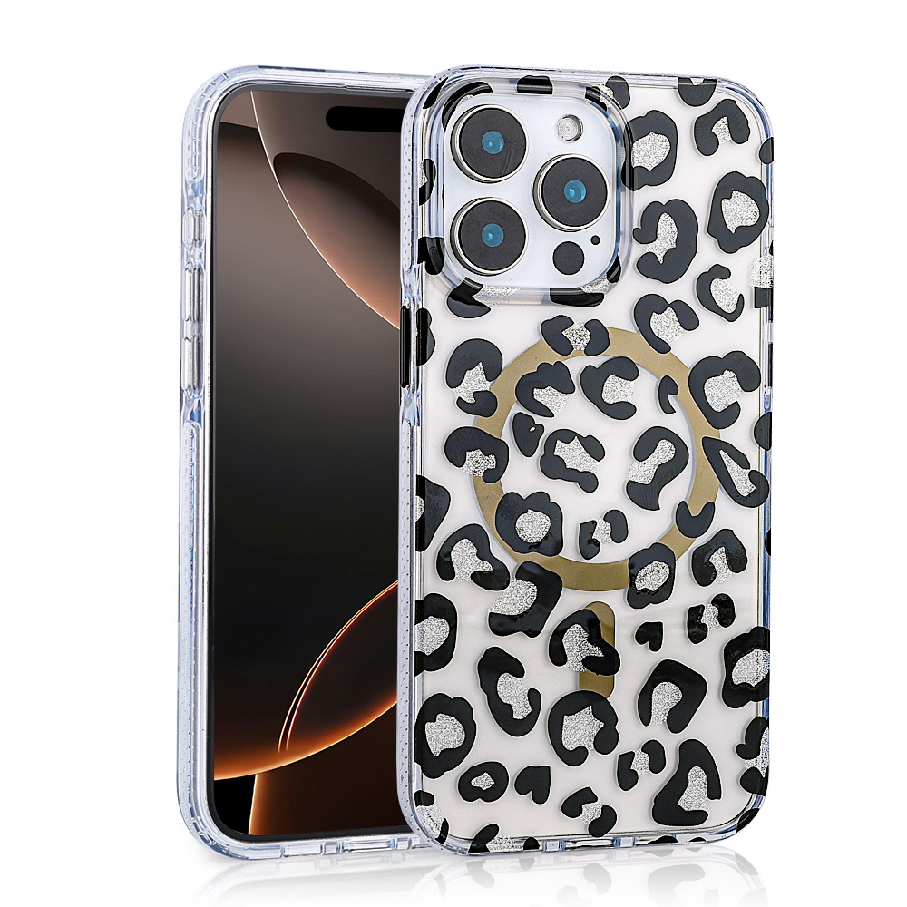 Simli leopar desenli şeffaf telefon kılıfı.