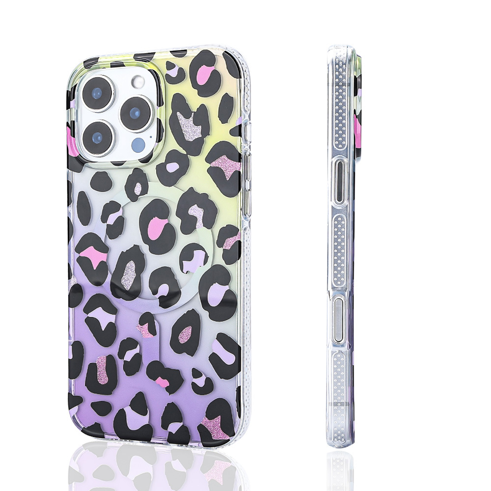 Mor, sarı ve pembe leopar desenli şeffaf telefon kılıfı.