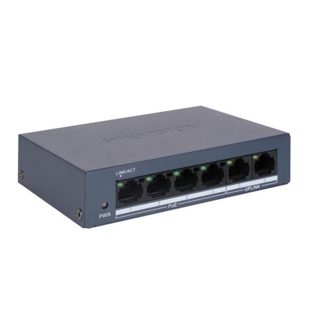 Un switch de red gris con 5 puertos Ethernet e indicadores LED verdes.