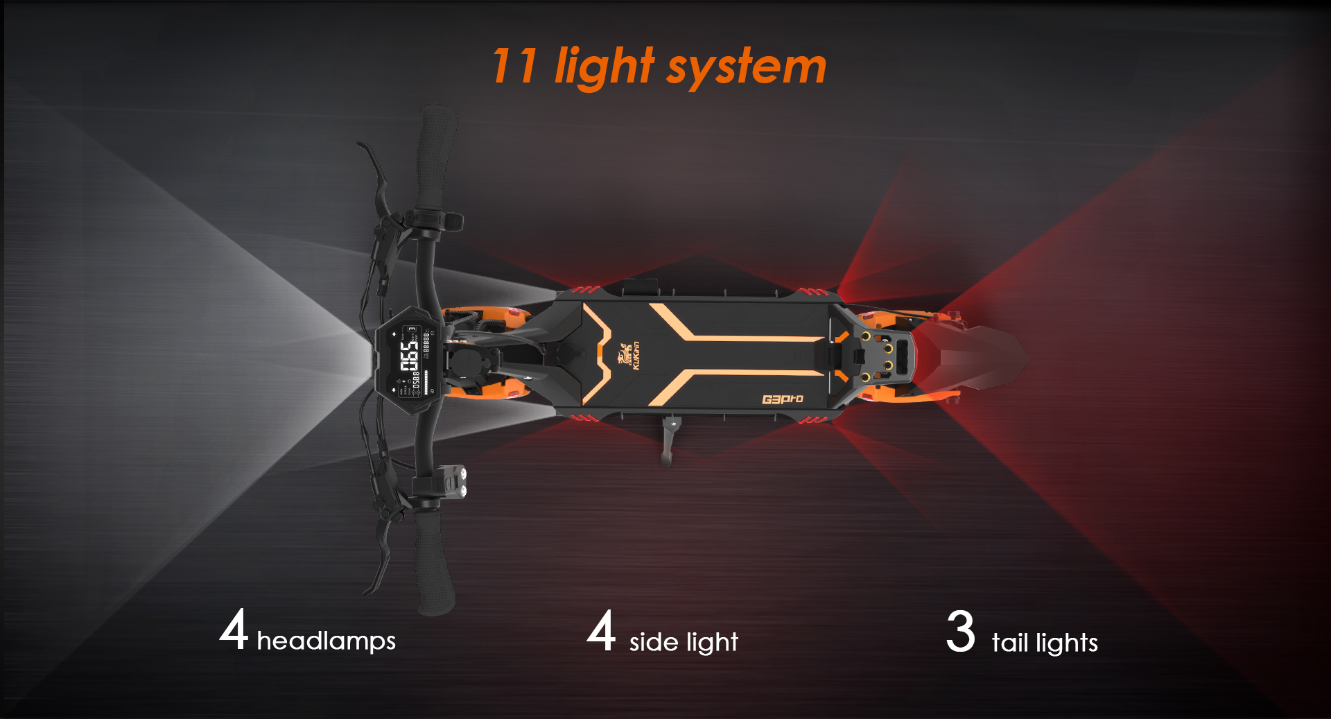 Uno scooter elettrico nero con accenti e illuminazione arancioni.