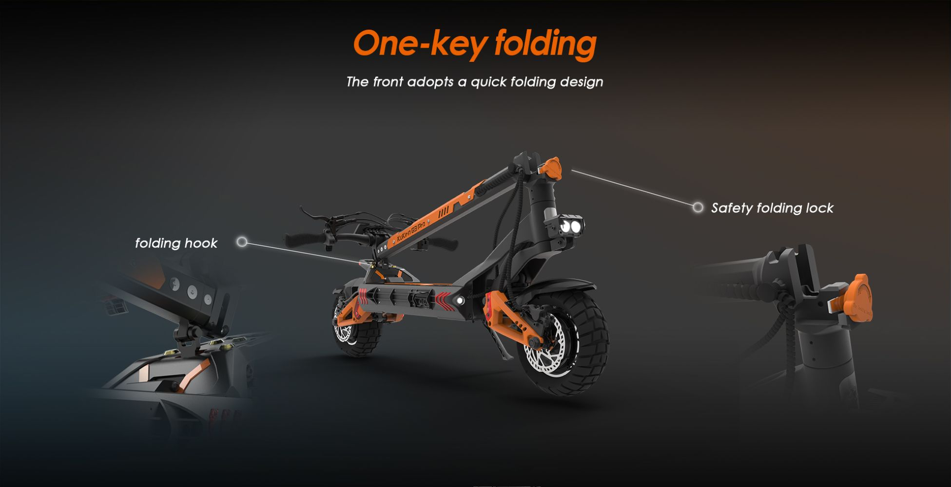 Uno scooter elettrico con accenti arancioni, dal design pieghevole.
