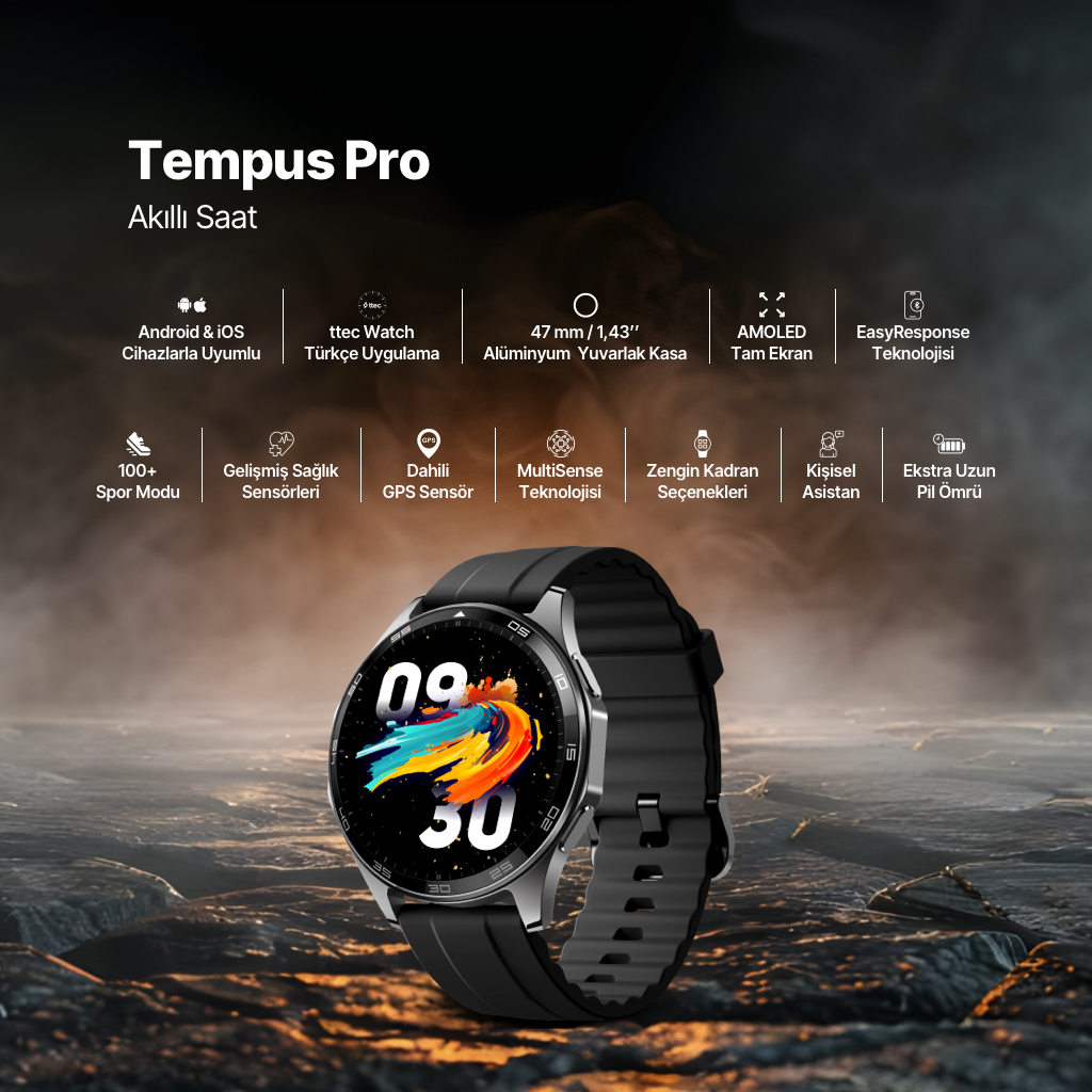 Tempus Pro Akıllı Saat, siyah kayış, AMOLED ekran, detaylı özellikler.