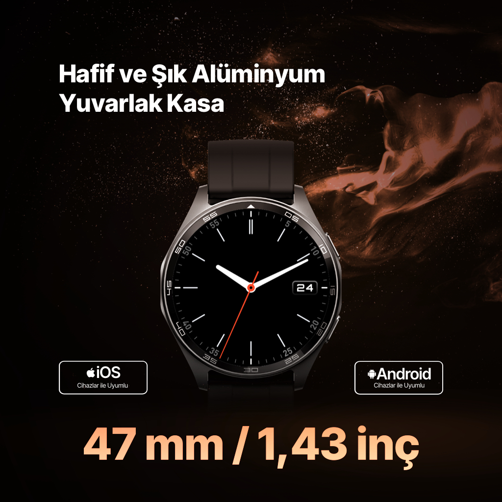 Hafif, şık alüminyum yuvarlak kasa, 47mm/1,43 inç smartwatch, iOS/Android uyumlu.