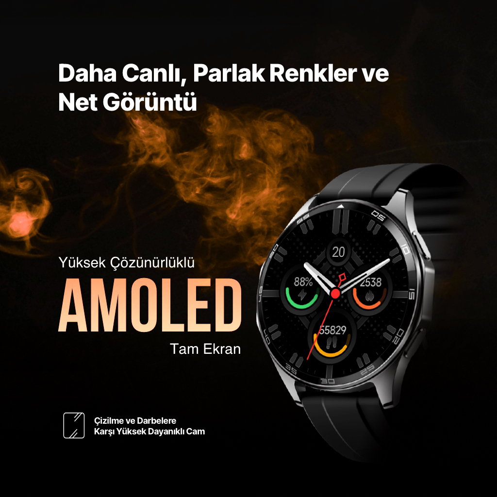 Canlı renkler ve net görseller gösteren AMOLED ekranlı bir akıllı saat.