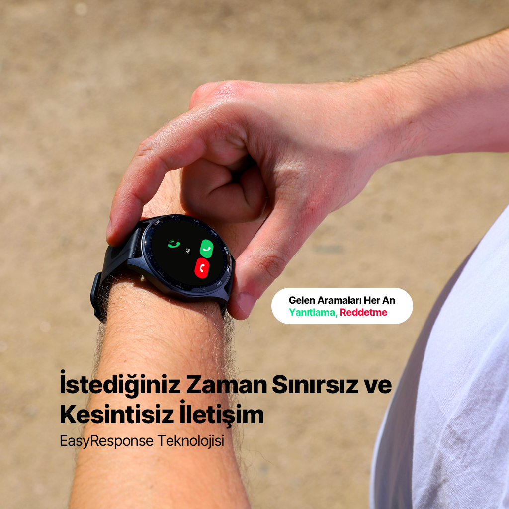 Akıllı saat gelen aramaları yeşil ve kırmızı simgelerle gösterir. Metin: Yanıtla, Reddet.