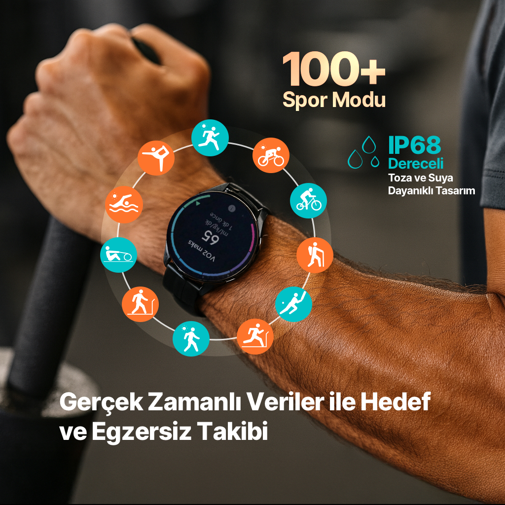 Erkek, spor modlarını gösteren akıllı saat takıyor. 100+ spor modu, IP68 toz ve suya dayanıklı.
