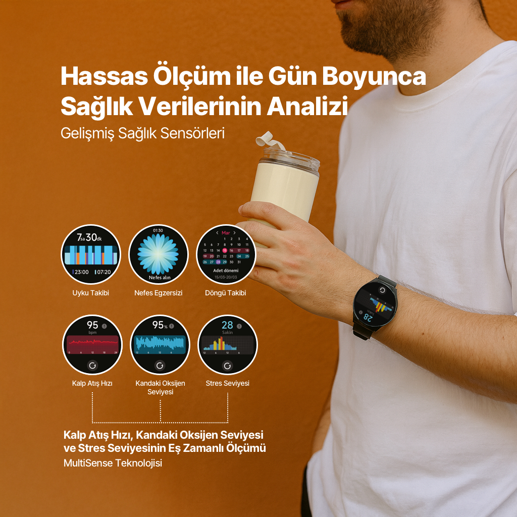 Akıllı saatli adam, uyku, kalp atış hızı, oksijen gibi sağlık verilerini gösteriyor.