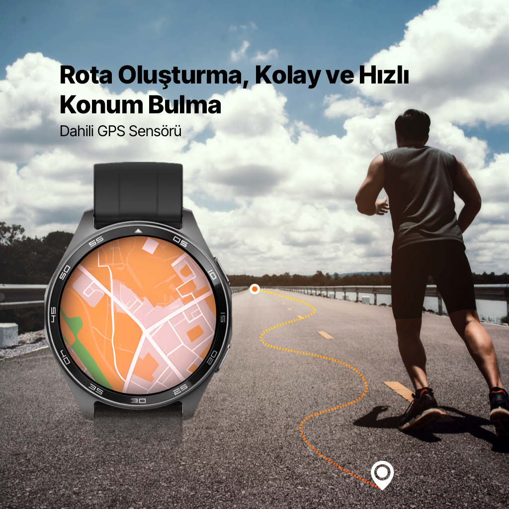 Harita gösteren bir akıllı saat ve gündüz yolda bir koşucu.