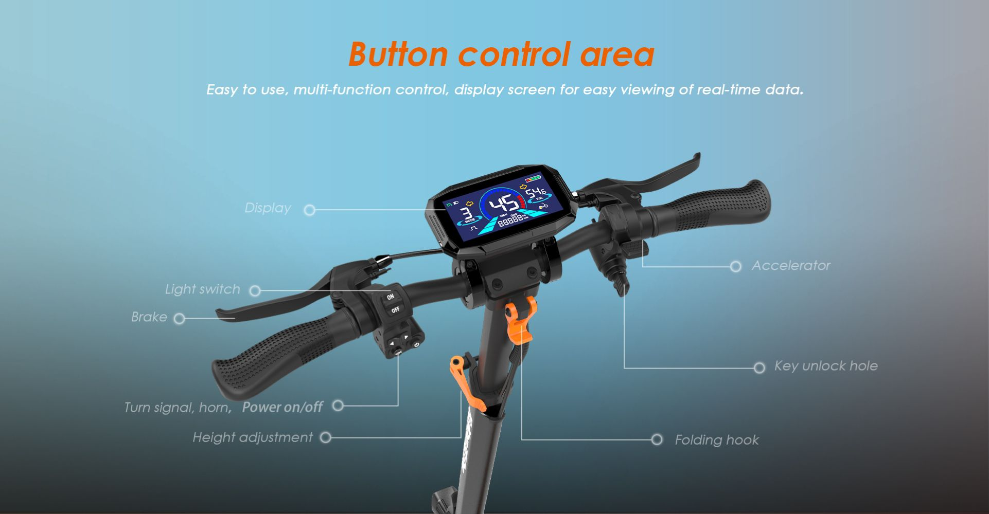 Manubrio monopattino elettrico con display, freni, acceleratore e pulsanti.