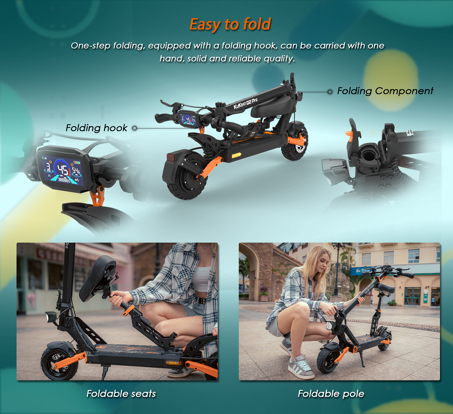 Uno scooter elettrico nero con accenti arancioni che viene piegato.
