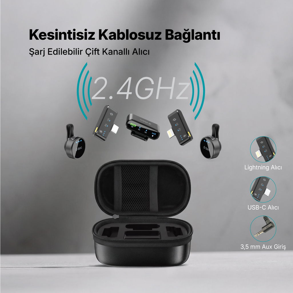 Çift kanallı, 2,4GHz, şarj edilebilir alıcı; Lightning, USB-C ve 3,5mm girişli.
