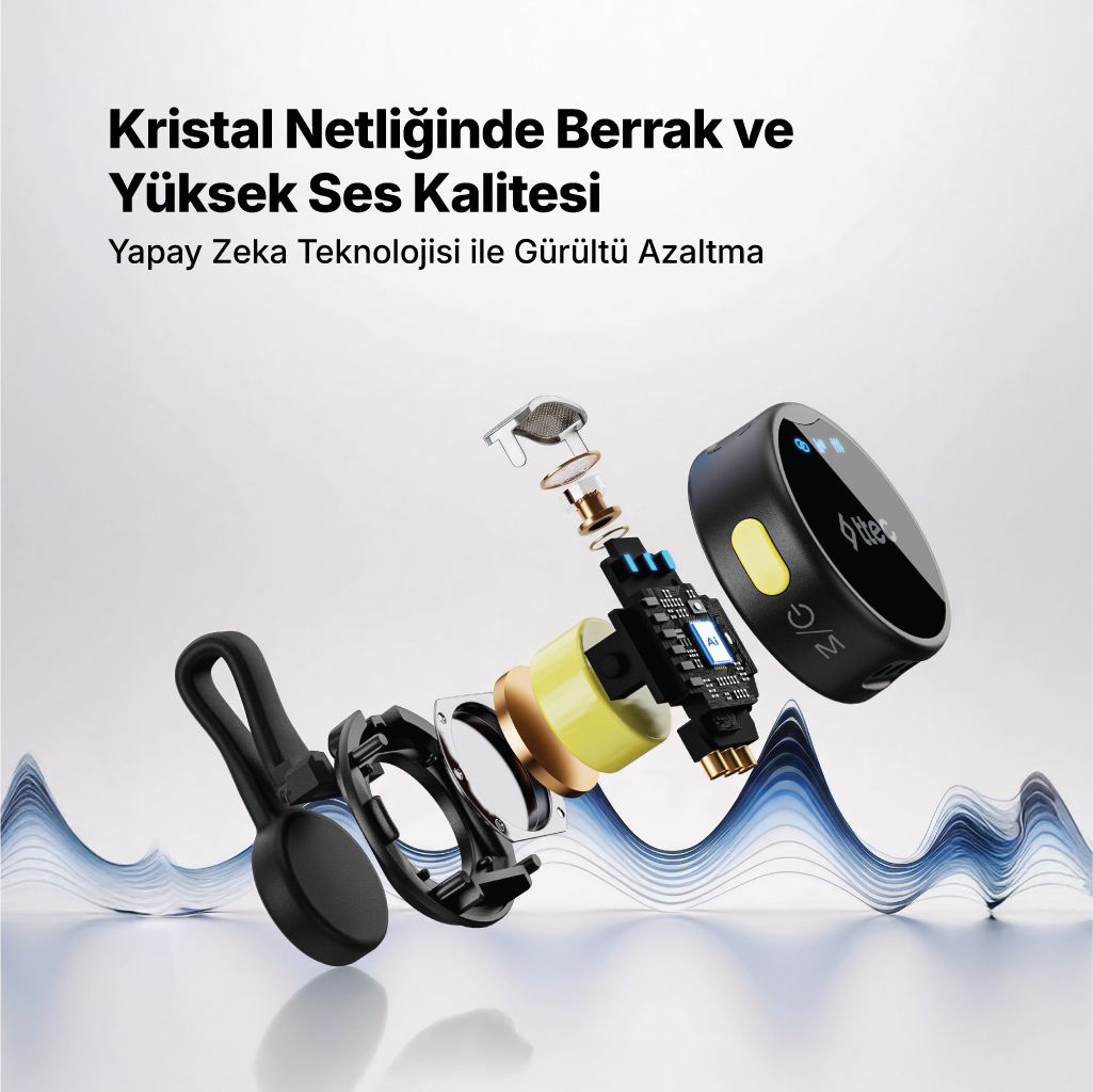 Devreler ve klipsli siyah kulaklığın patlatılmış görünümü. Kristal netliğinde ses.
