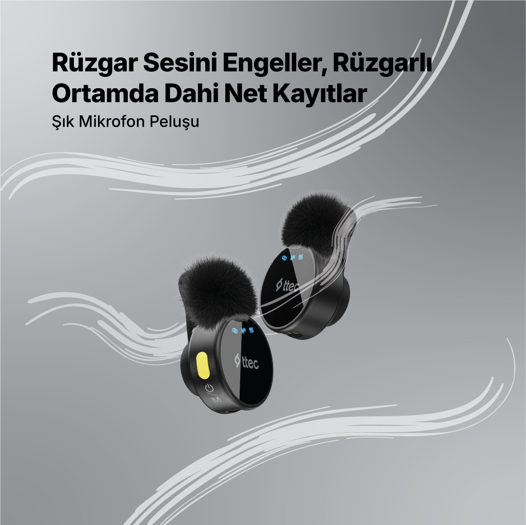 Siyah mikrofonlar, tüylü rüzgar ön camları ve mavi/sarı vurgular.