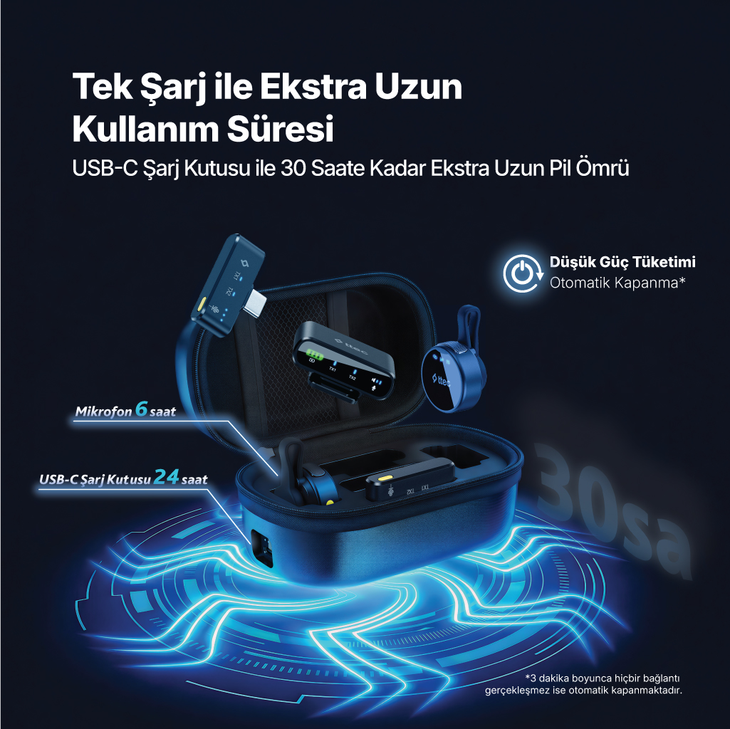 Mikrofonlu ve kulaklıklı şarj kutusu, 30 saat pil ömrü sunar.