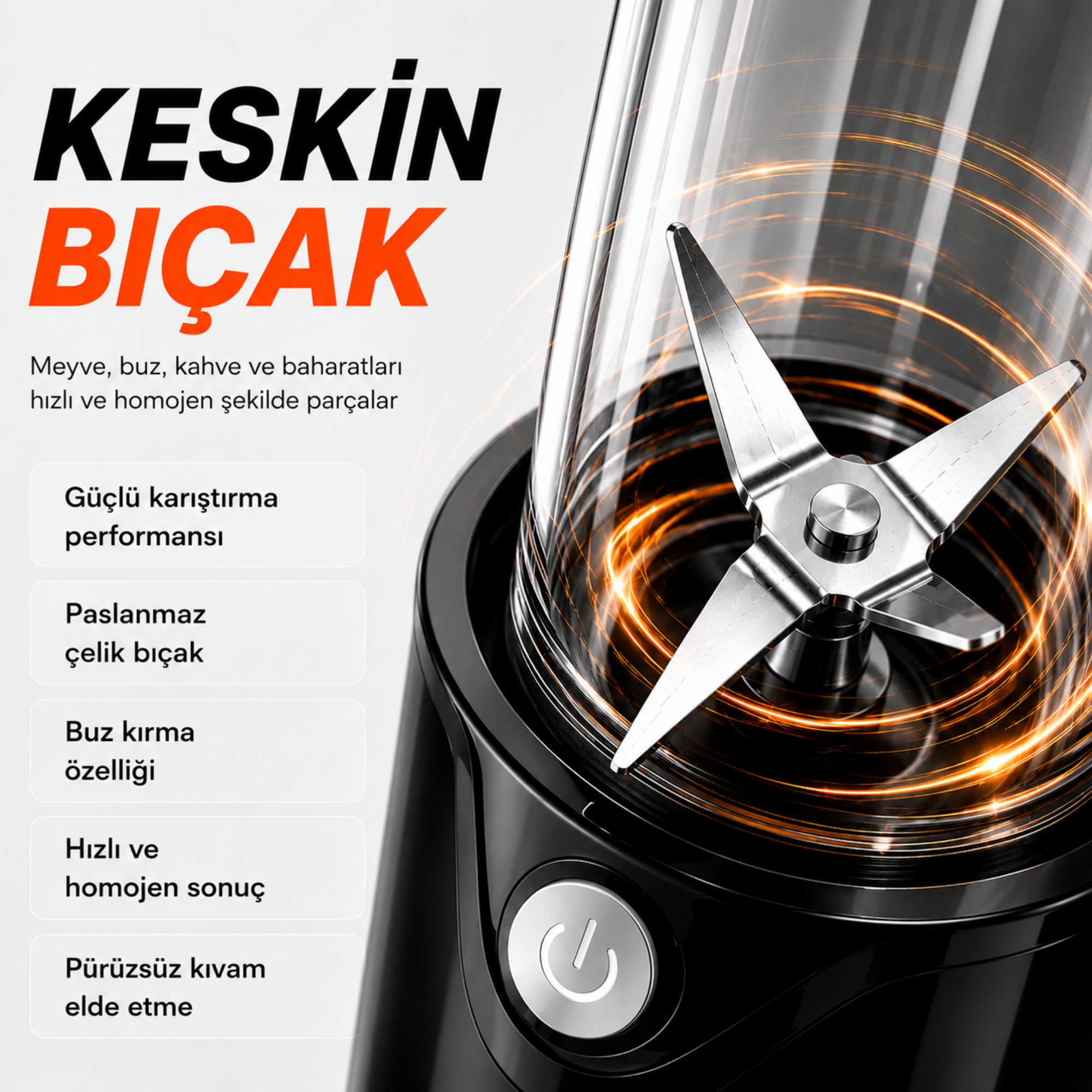 Keskin bıçaklı siyah blender, parlak halkalarla. Metin özellikleri vurguluyor.
