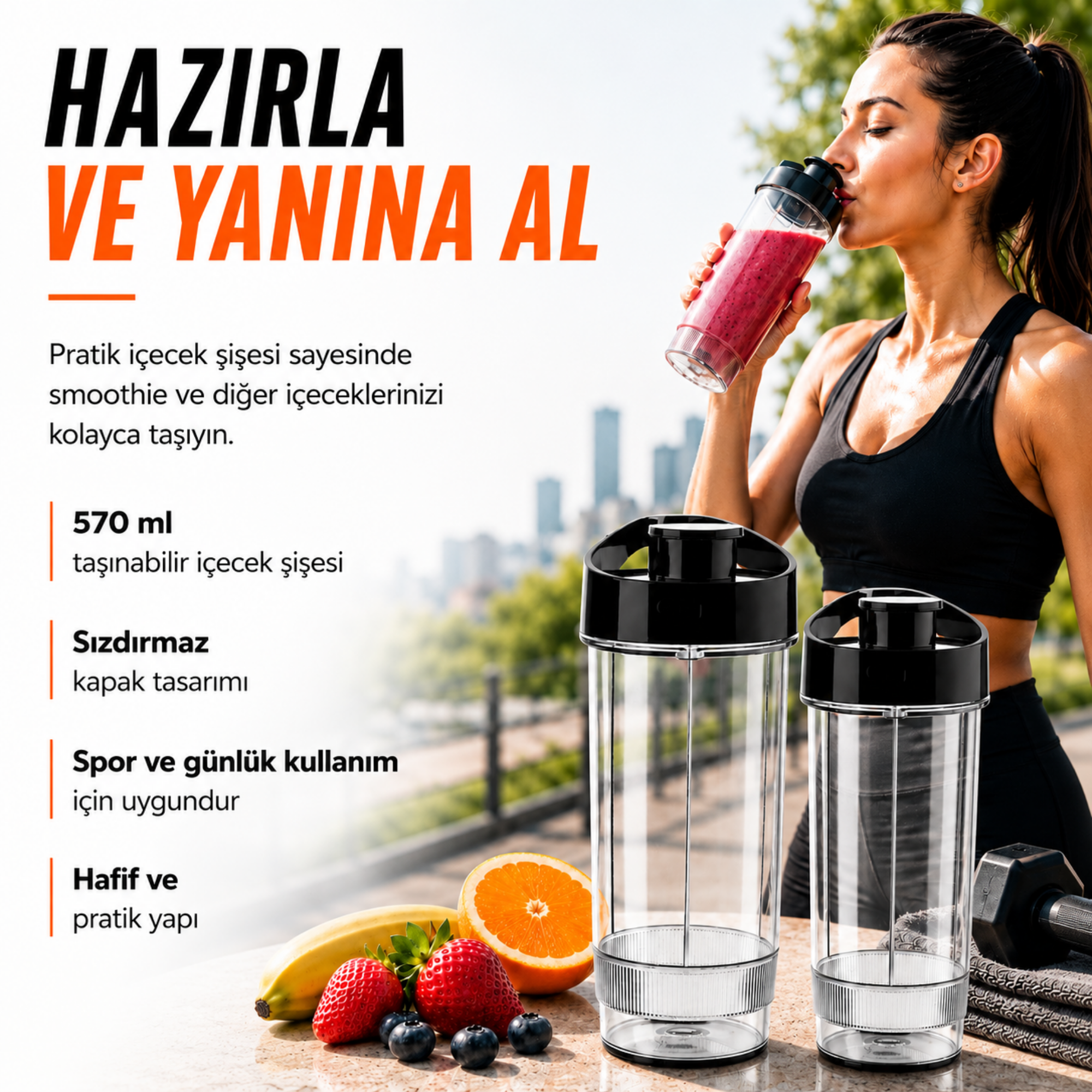 Kadın, iki kap, meyve ve dambıl yanında taşınabilir şişeden smoothie içiyor.