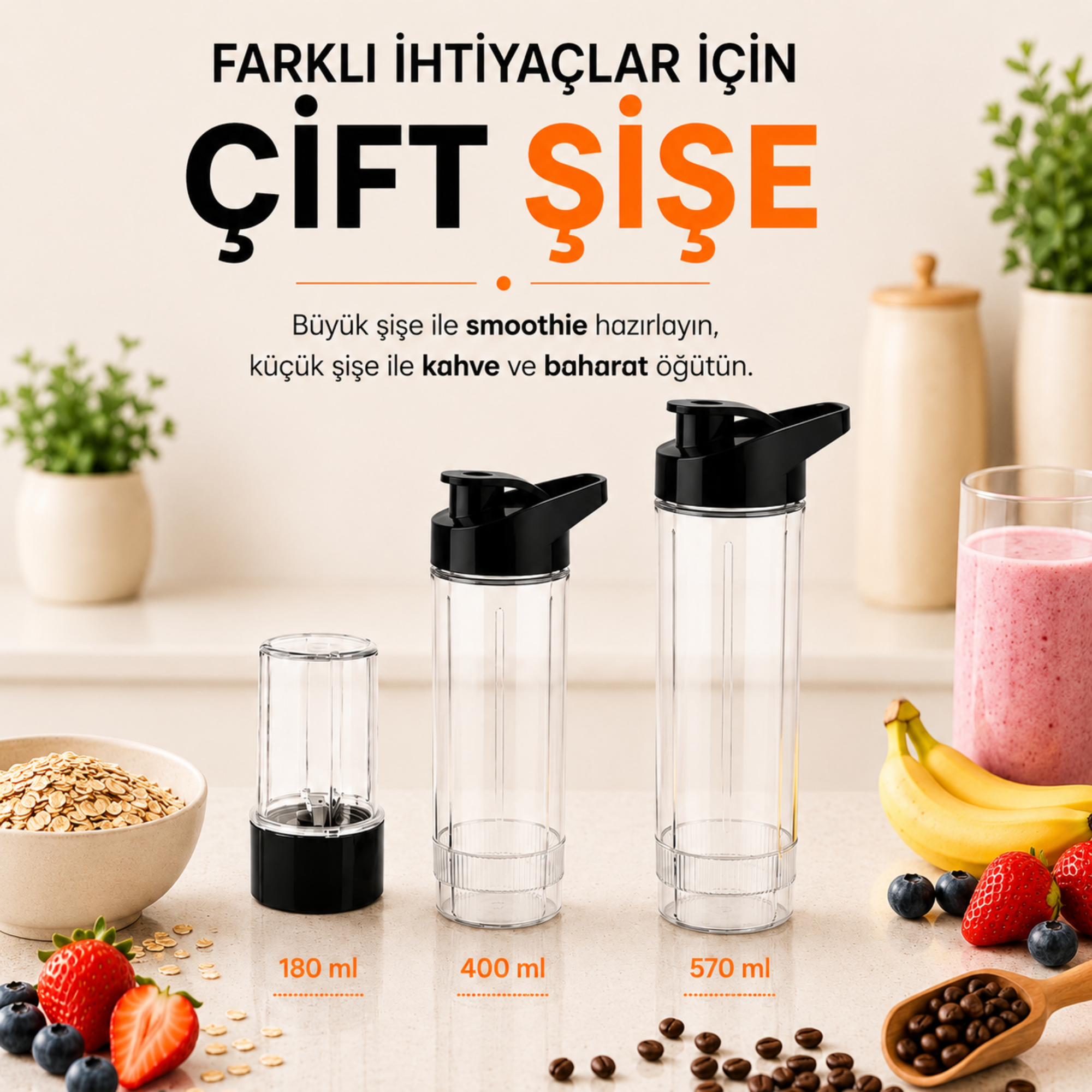 Siyah kapaklı üç şeffaf şişe, meyve ve kahve çekirdekleri.