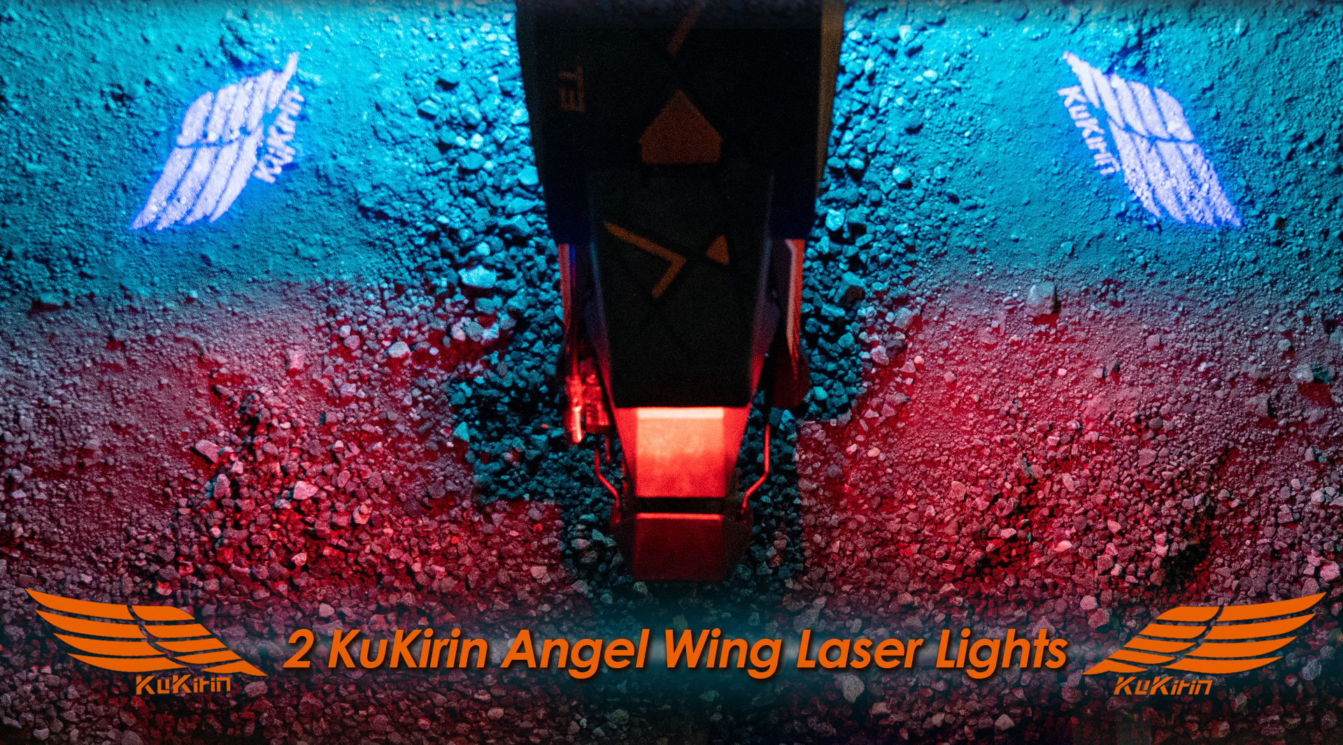 2 luci laser KuKirin ad ala d'angelo proiettano luce blu e rossa a terra.