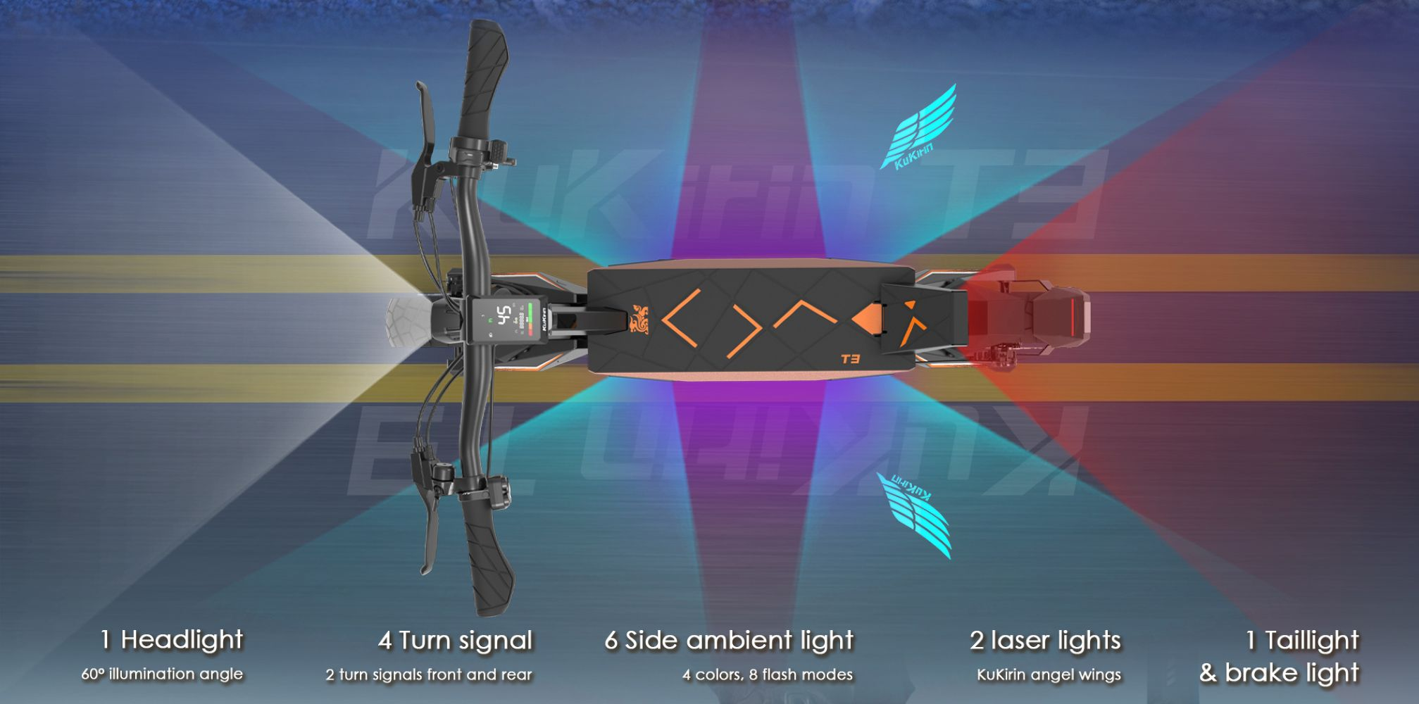 Uno scooter elettrico con manubrio, display, luci e decorazione. L'illuminazione è attiva.