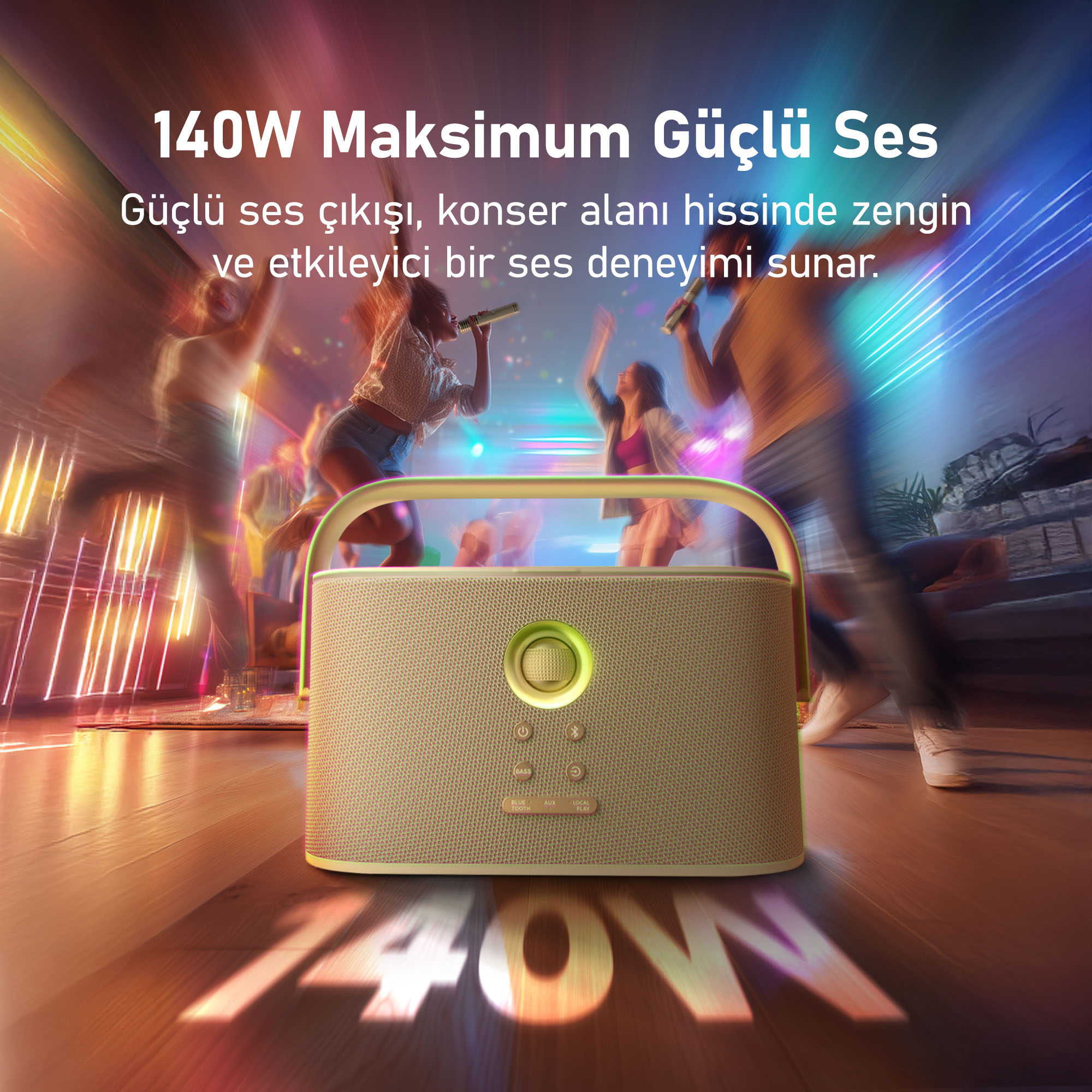 Önde altın rengi hoparlör, arkada dans eden insanlar, yerde 140W yazısı.