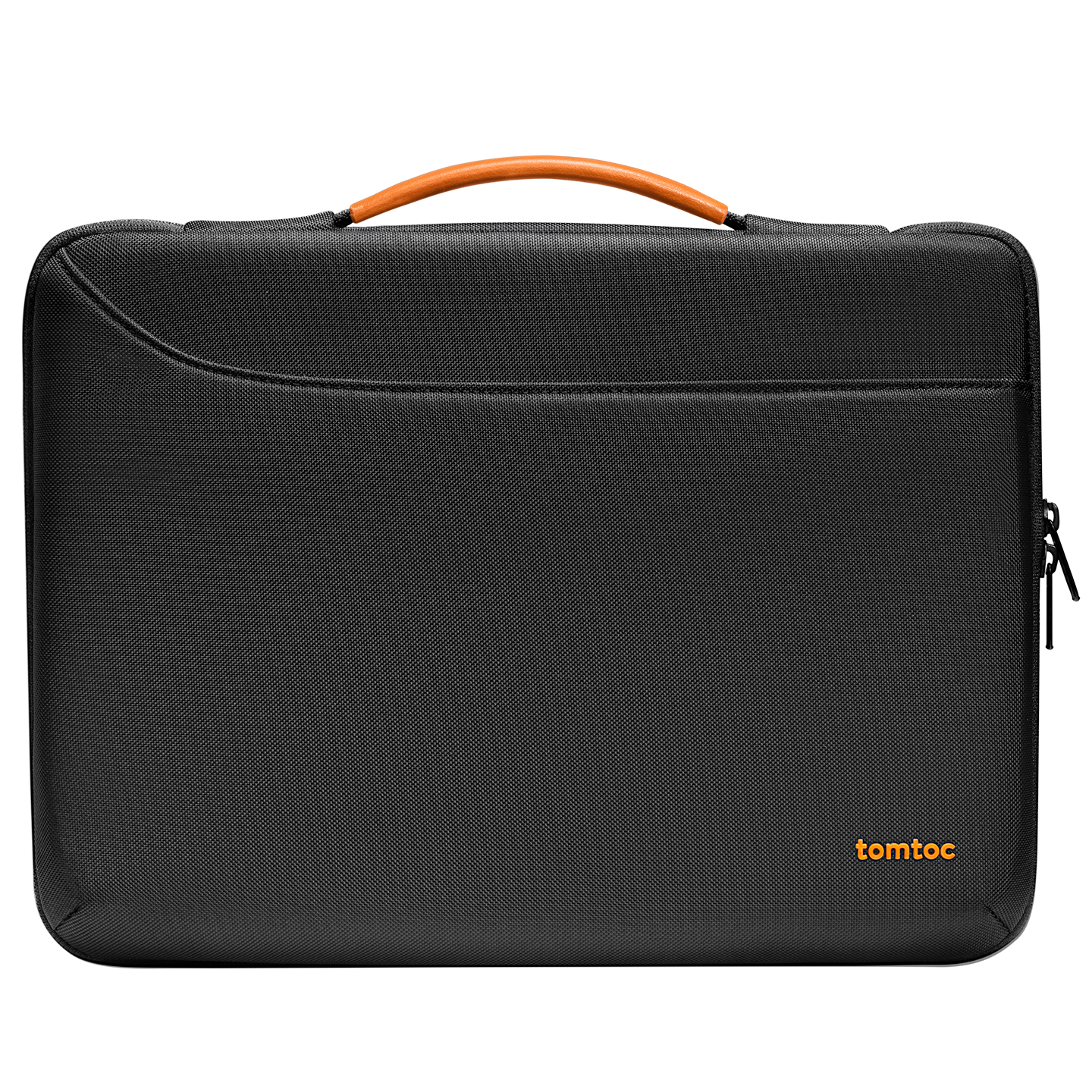 Turuncu saplı ve fermuarlı siyah bir tomtoc laptop çantası.